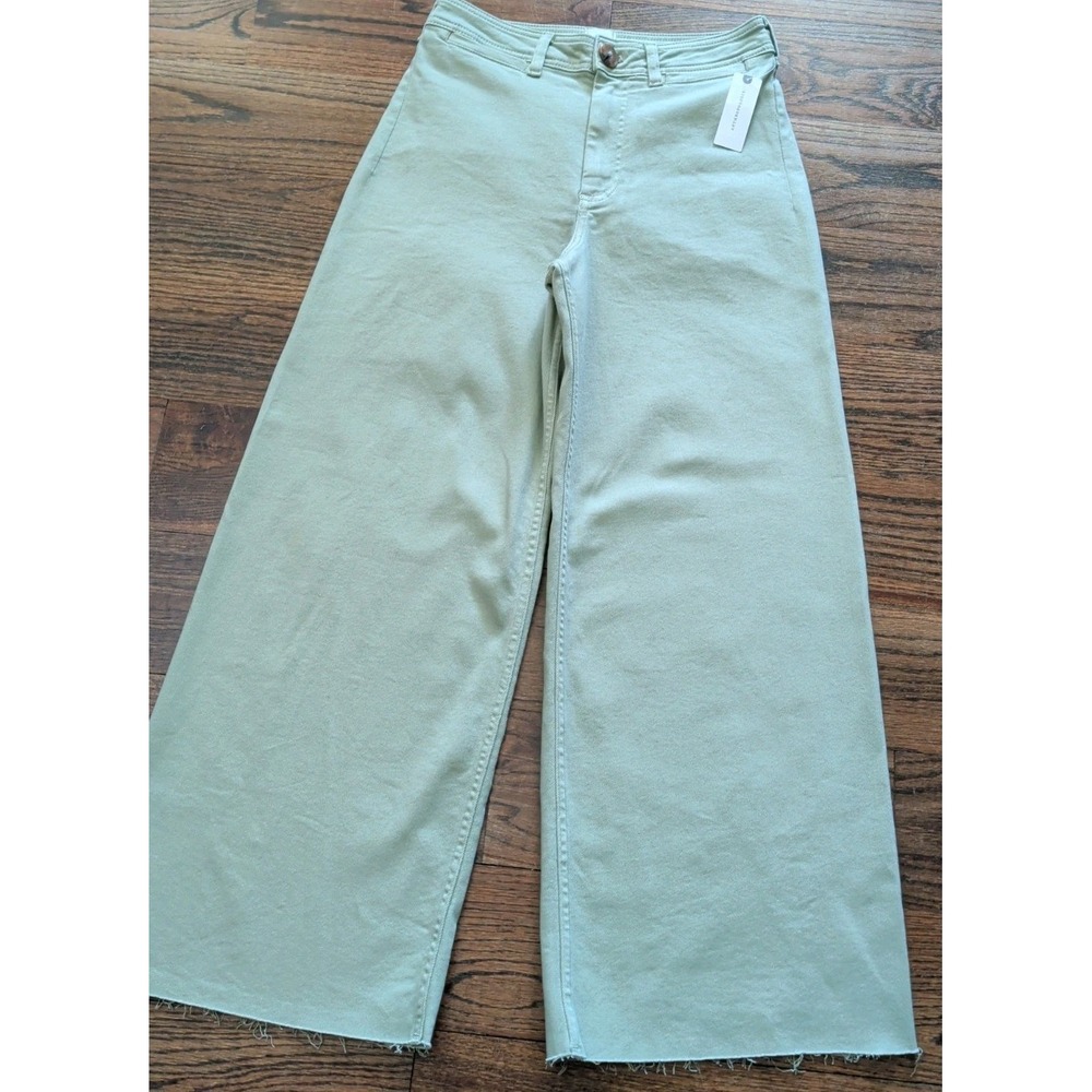 NWT MAEVE Colette Crop Wide Leg Pants Moss Green Sz 29 Stovepipe Raw Hem Stretch - Picture 2 of 9